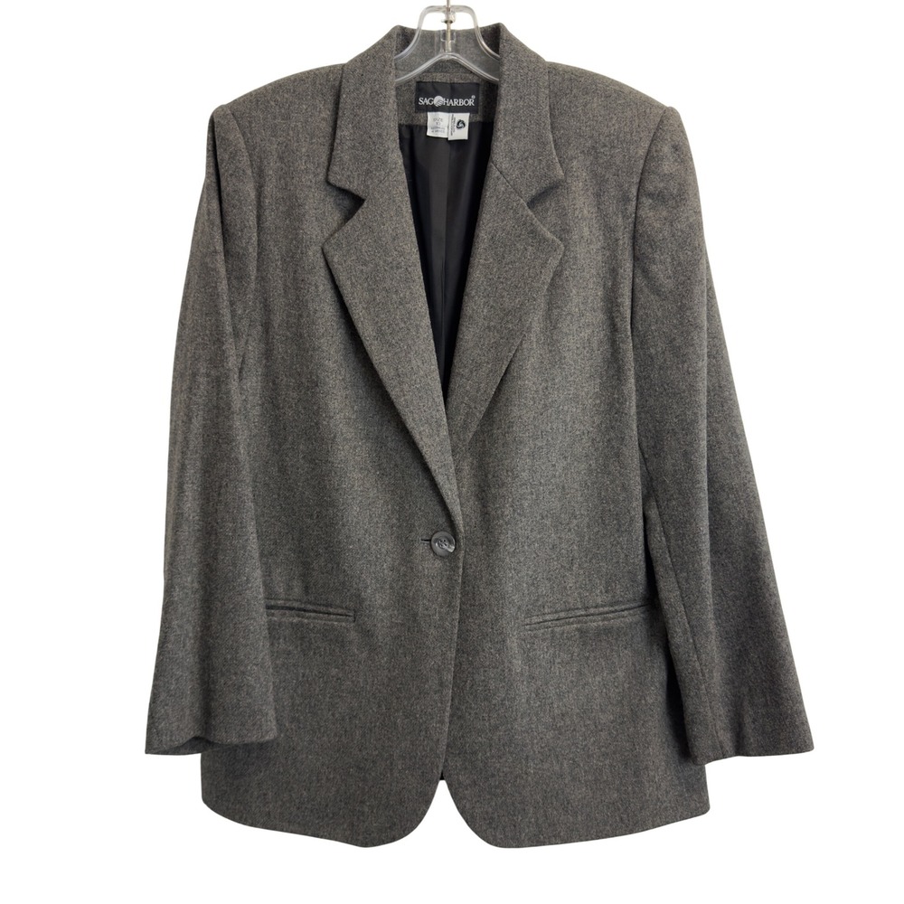Vntg Sag Harbor Womens Heather Gray Wool Blend One Button Blazer Jacket Size 10